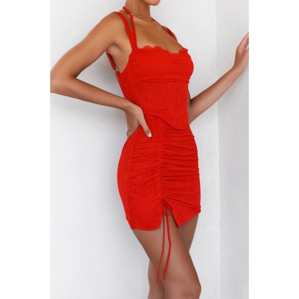 NWT Mistress Rocks Red Mesh Ruched Corset Mini Dress Halter Neck Lace Trim XS - Picture 4 of 15